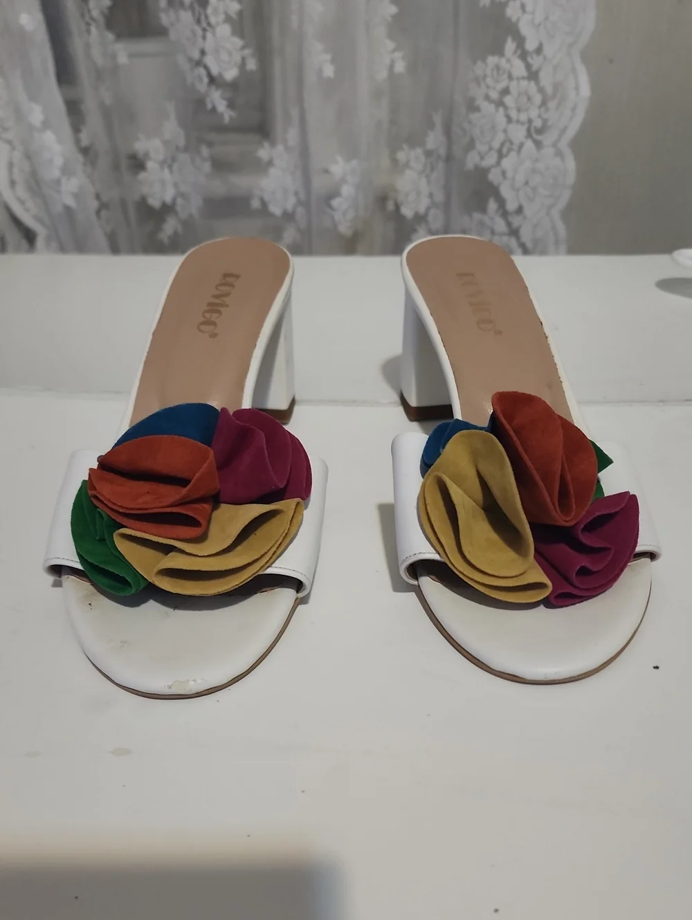 White Heeled Slide Sandals with Multicolor Floral Accent